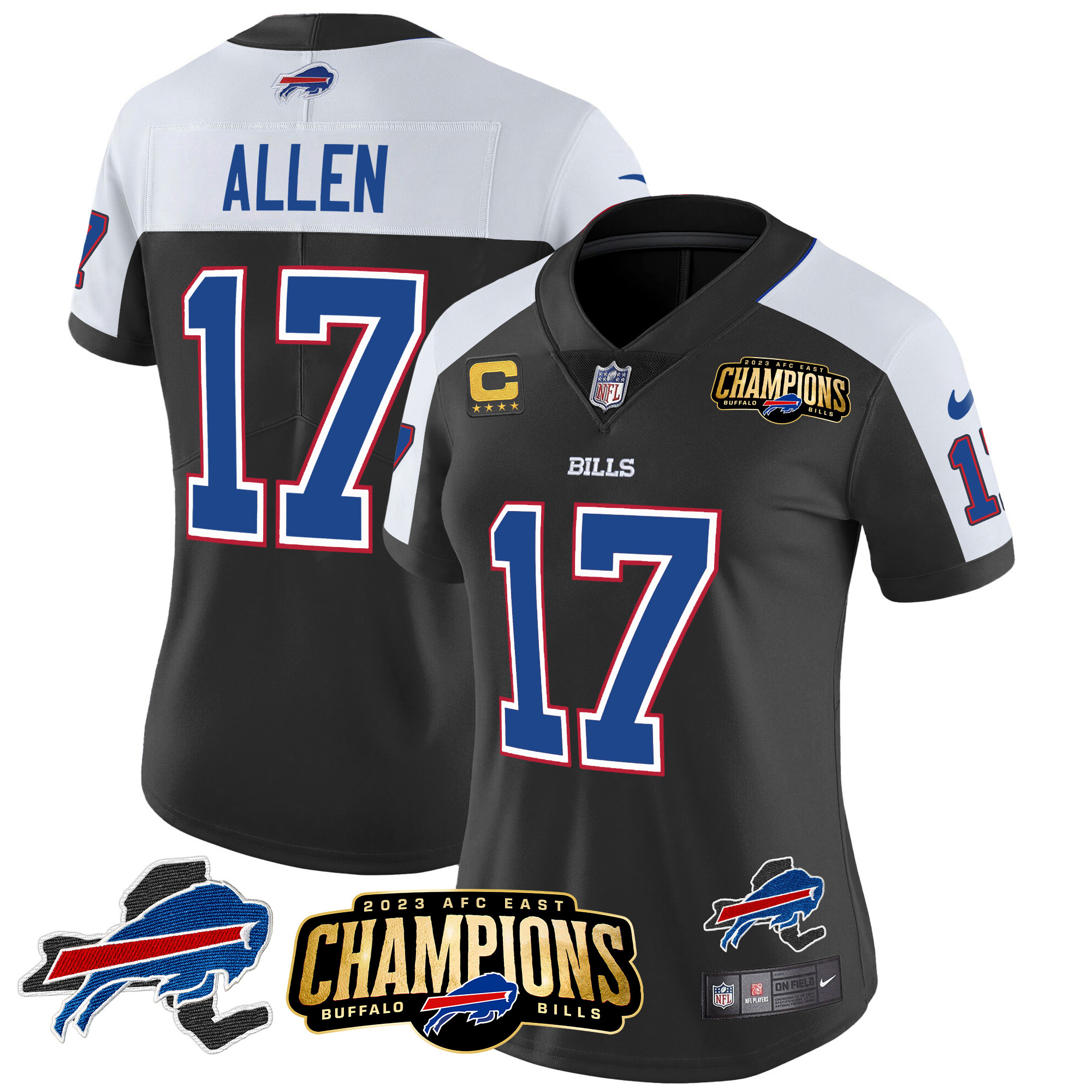 Women’s Buffalo Bills 2023 AFC East Champions Patch Gold Vapor Jersey V2 – All Stitched