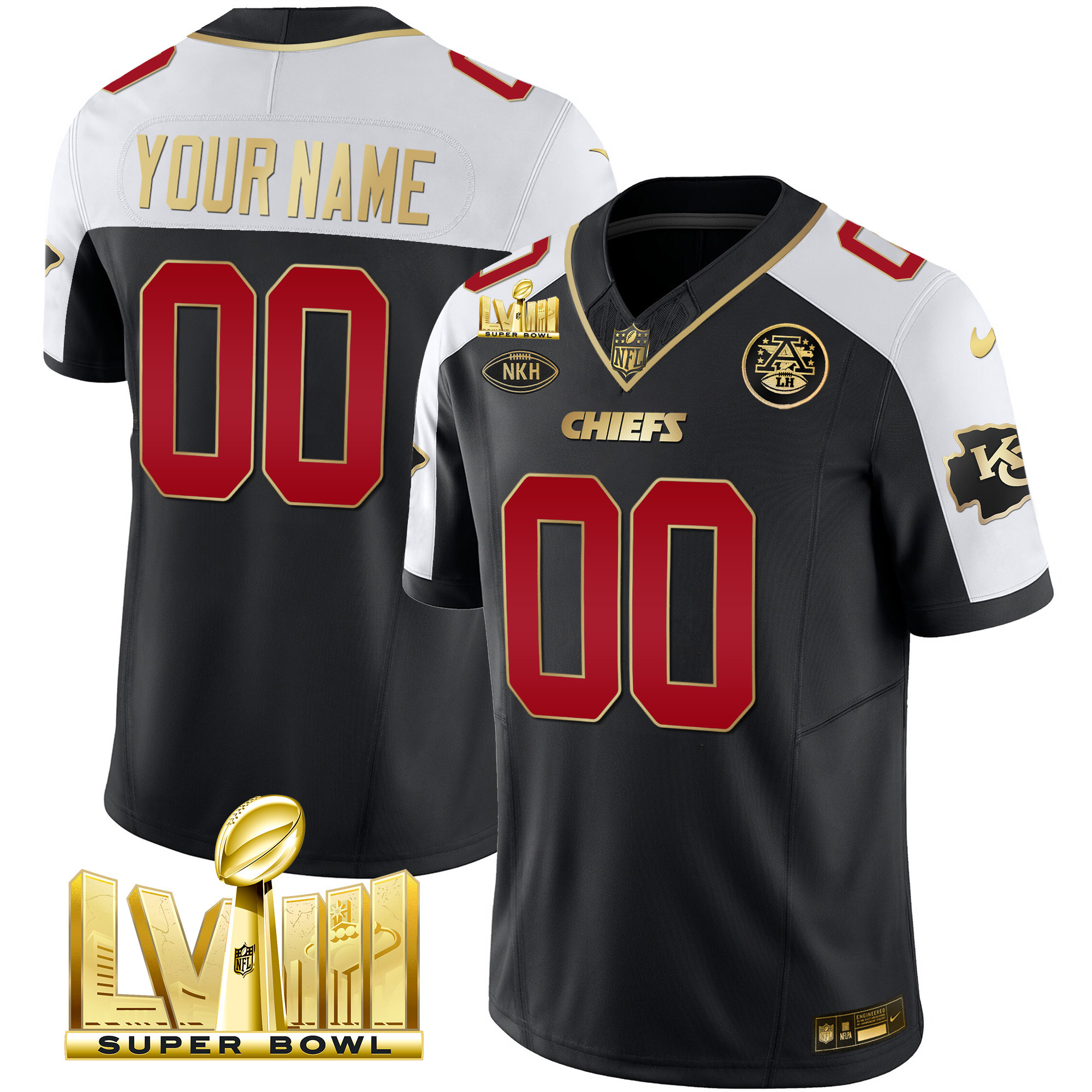 Kansas City Chiefs Super Bowl LVIII Gold Patch Vapor Custom Jersey V2 – All Stitched