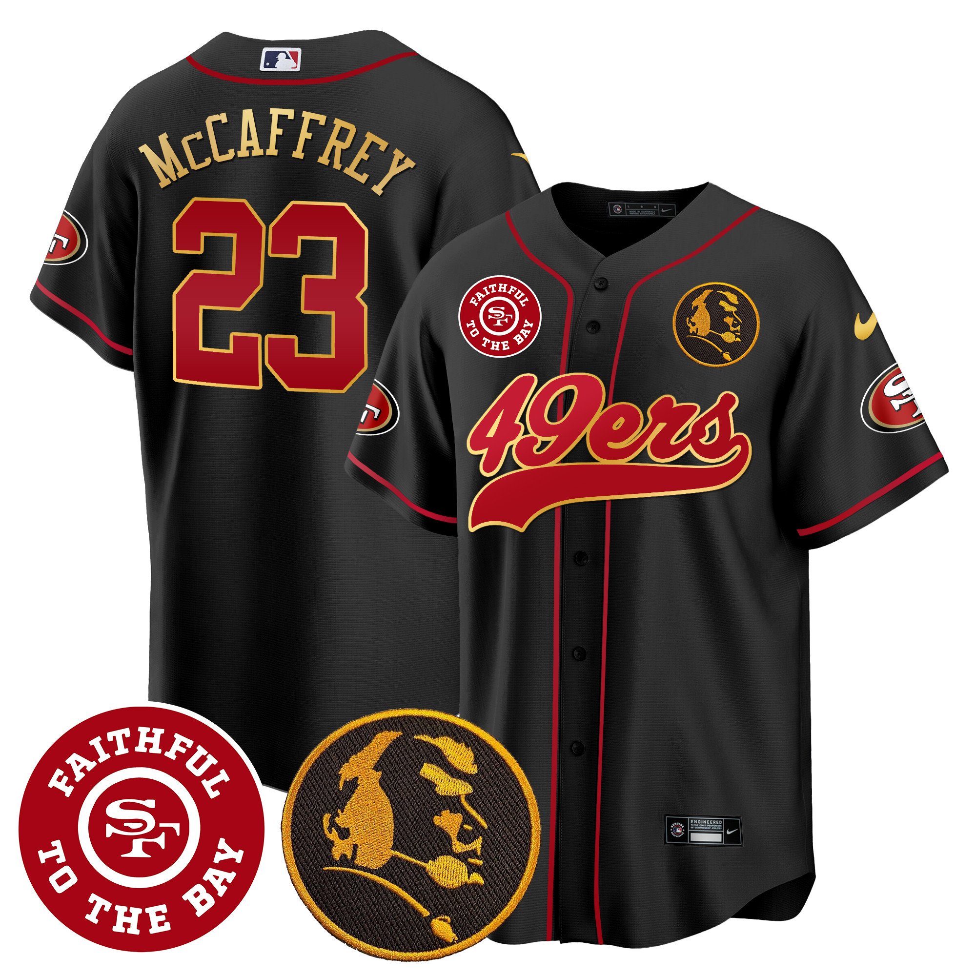Men’s San Francisco 49ers Faithful & John Madden Patch Baseball Gold Trim Jersey – All Stitched
