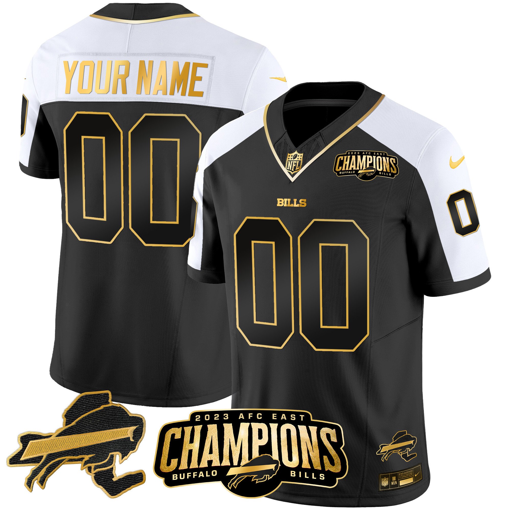 Buffalo Bills 2023 AFC East Champions Patch Gold Vapor Custom Jersey V2 – All Stitched