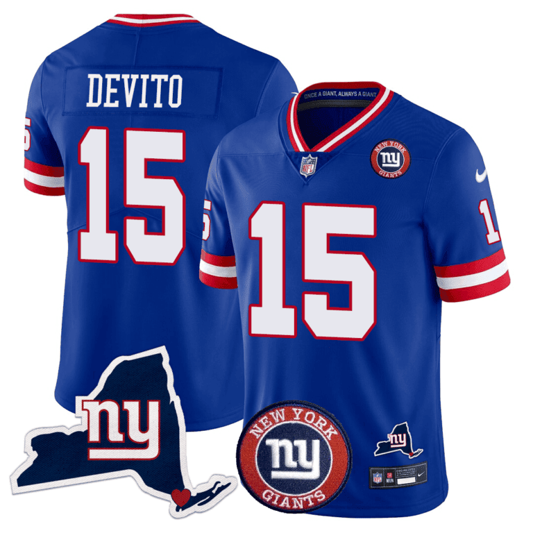Men’s New York Giants New York State & Logo Patch Limited Jersey – All Stitched