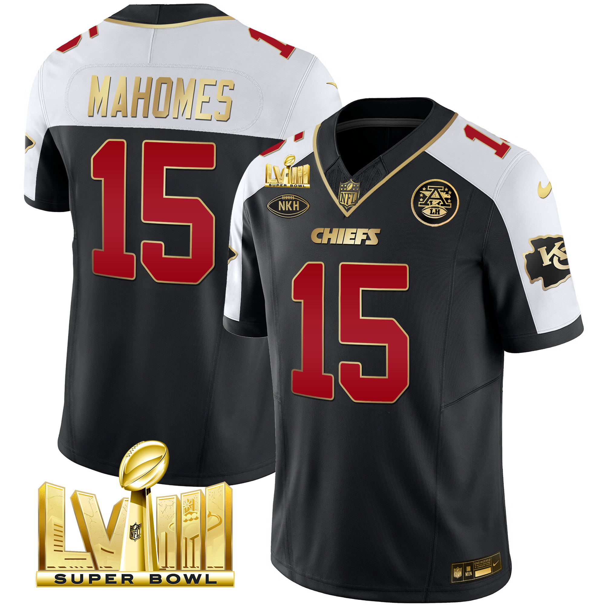 Men’s Kansas City Chiefs Super Bowl LVIII Gold Patch Vapor Jersey V2 – All Stitched