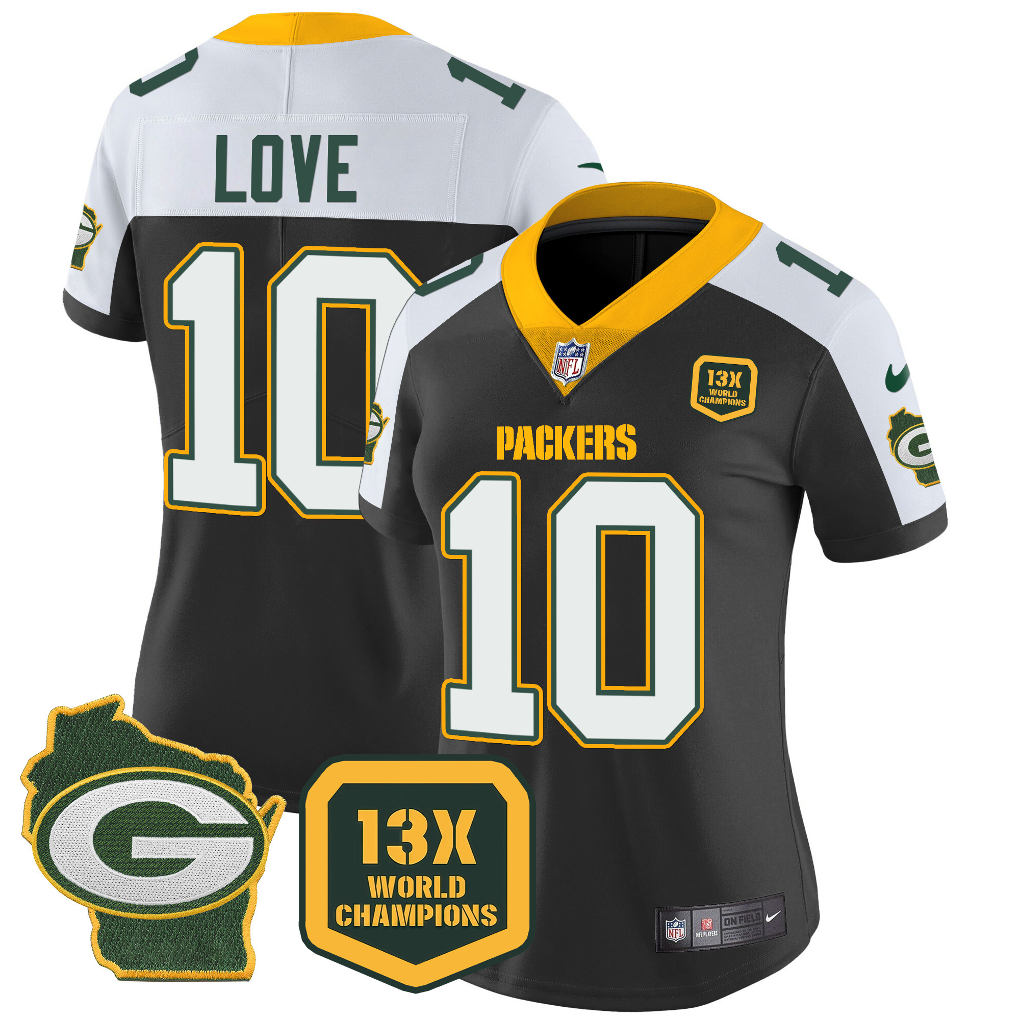 Women’s Green Bay Packers 13 Time World Champions & Home Patch Vapor Jersey – All Stitched