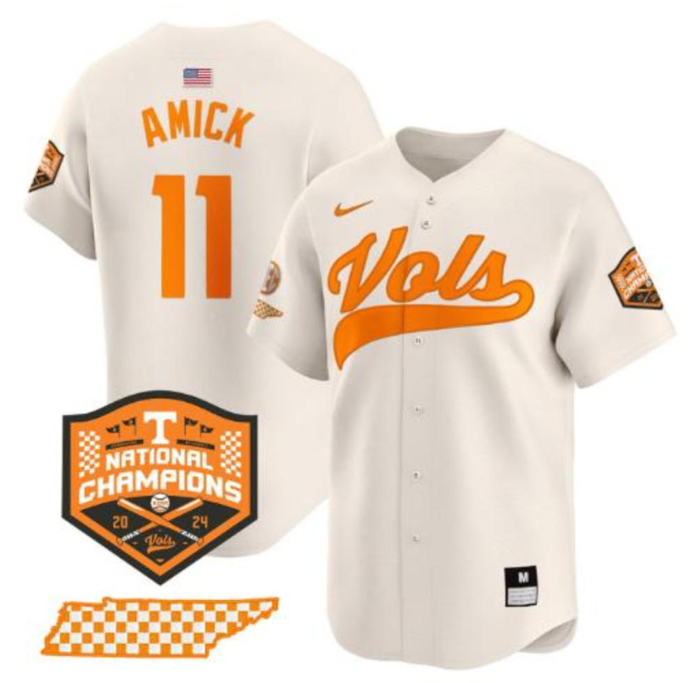 Billy Amick Jersey 11 Tennessee Volunteers Baseball 2024 Champions Cream