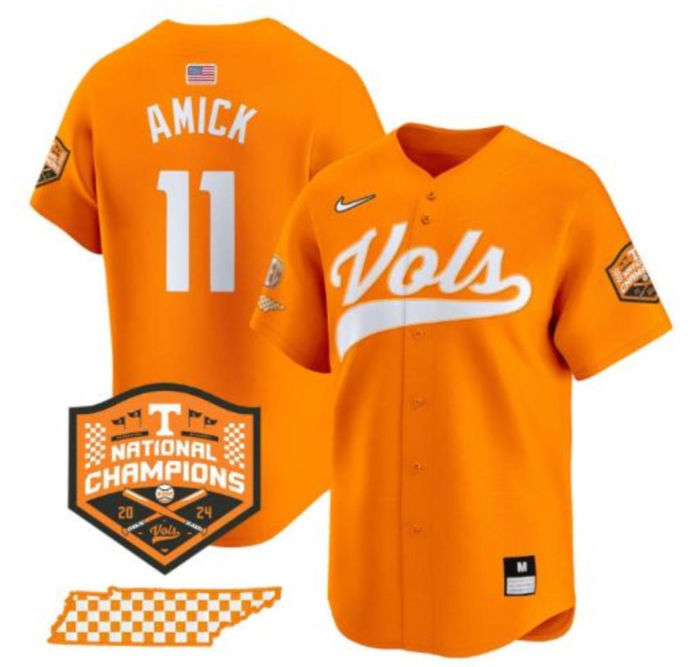 Billy Amick Jersey 11 Tennessee Volunteers Baseball 2024 Champions Orange