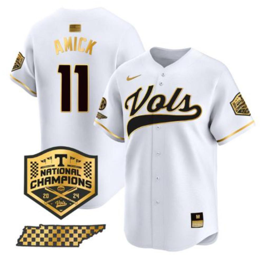 Billy Amick Jersey 11 Tennessee Volunteers Baseball 2024 Champions White Gold