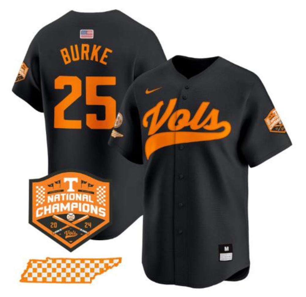 Blake Burke Jersey 25 Tennessee Volunteers Baseball 2024 Champions Black