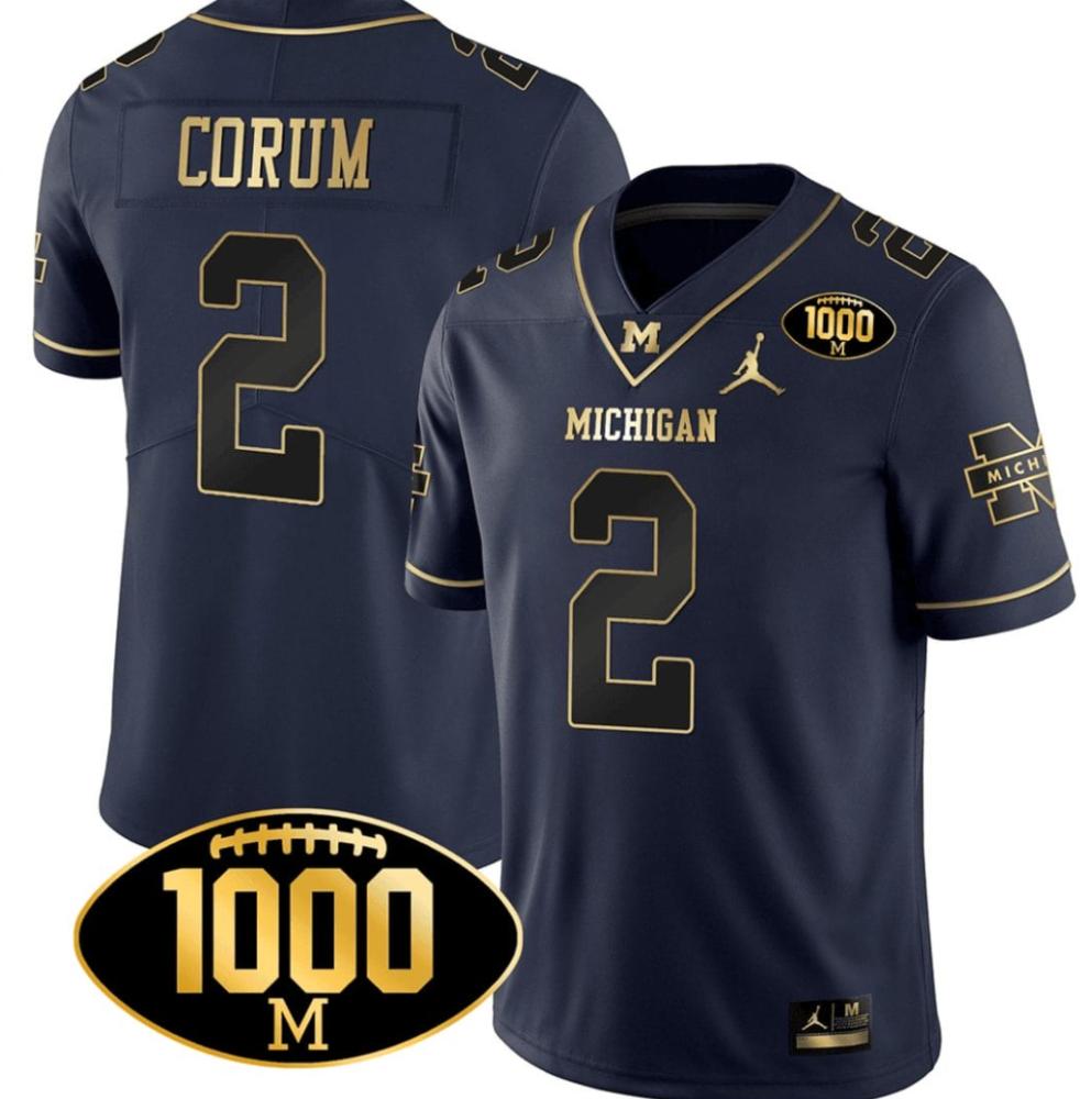 Blake Corum Jersey 2 Michigan Wolverines 1000 Wins All Stitched Navy Gold