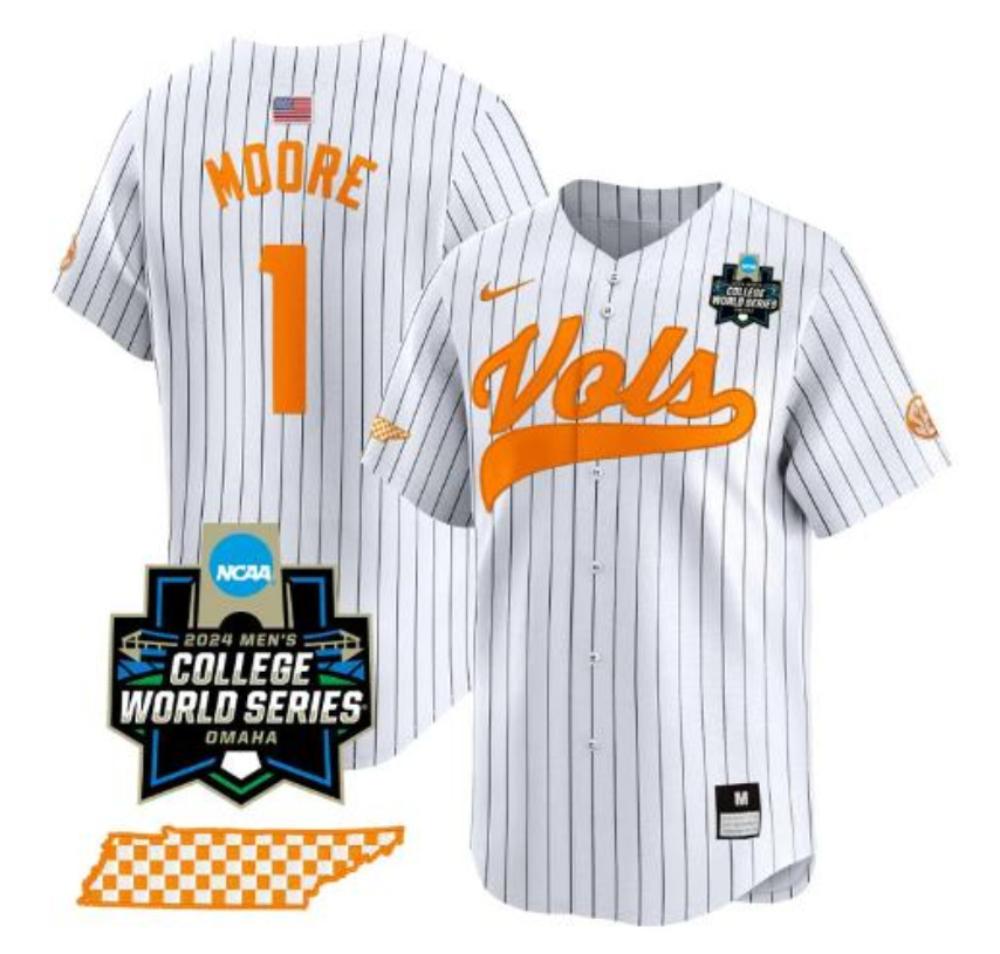 Christian Moore Jersey 1 Tennessee Vols 2024 World Series Baseball Pinstripe