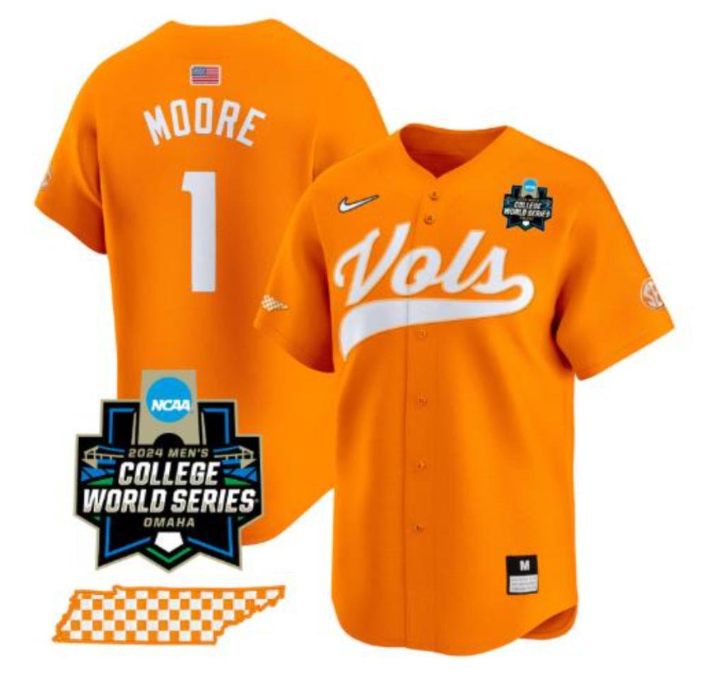 Christian Moore Jersey 1 Tennessee Vols 2024 World Series Ncaa Baseball Orange