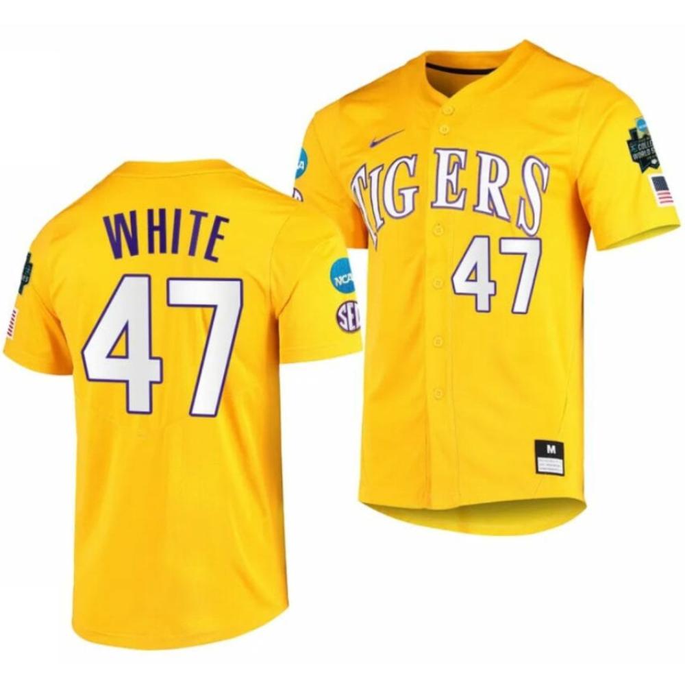 College World Series Tommy White Jersey Lsu Tigers Ncaa Baseball Gold 47