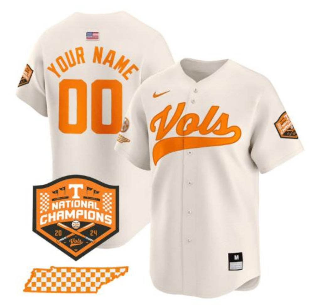 Custom Tennessee Volunteers Baseball Jersey Name And Number 2024 Champions Cream