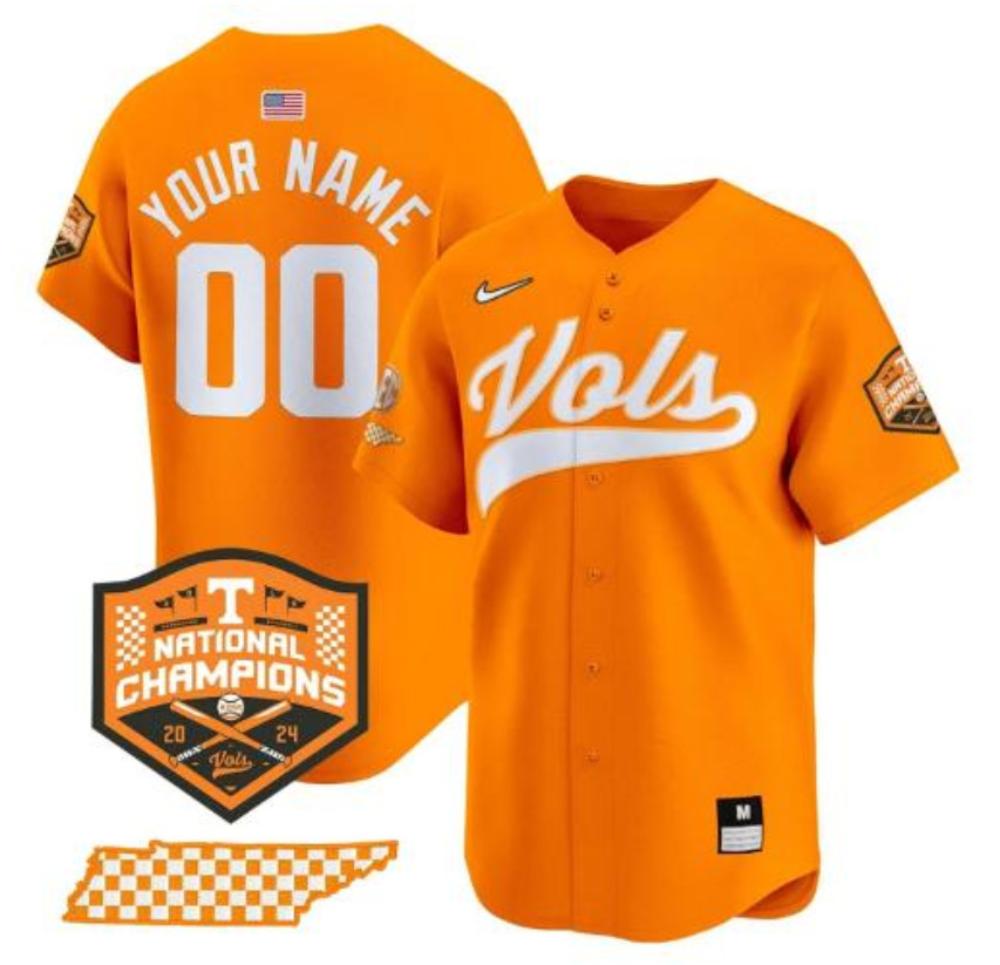 Custom Tennessee Volunteers Baseball Jersey Name Number 2024 Champions Orange
