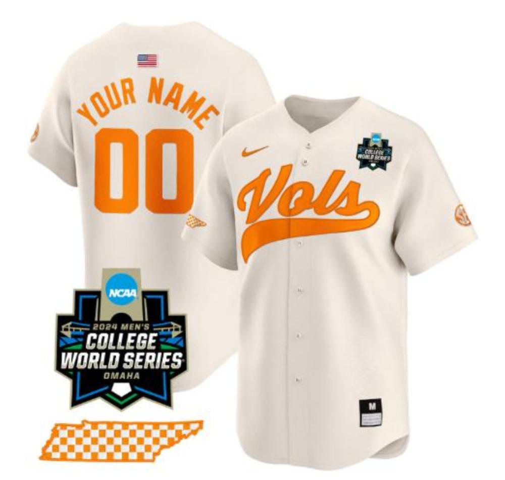 Custom Tennessee Volunteers Jersey 2024 College World Series V2 Baseball Cream
