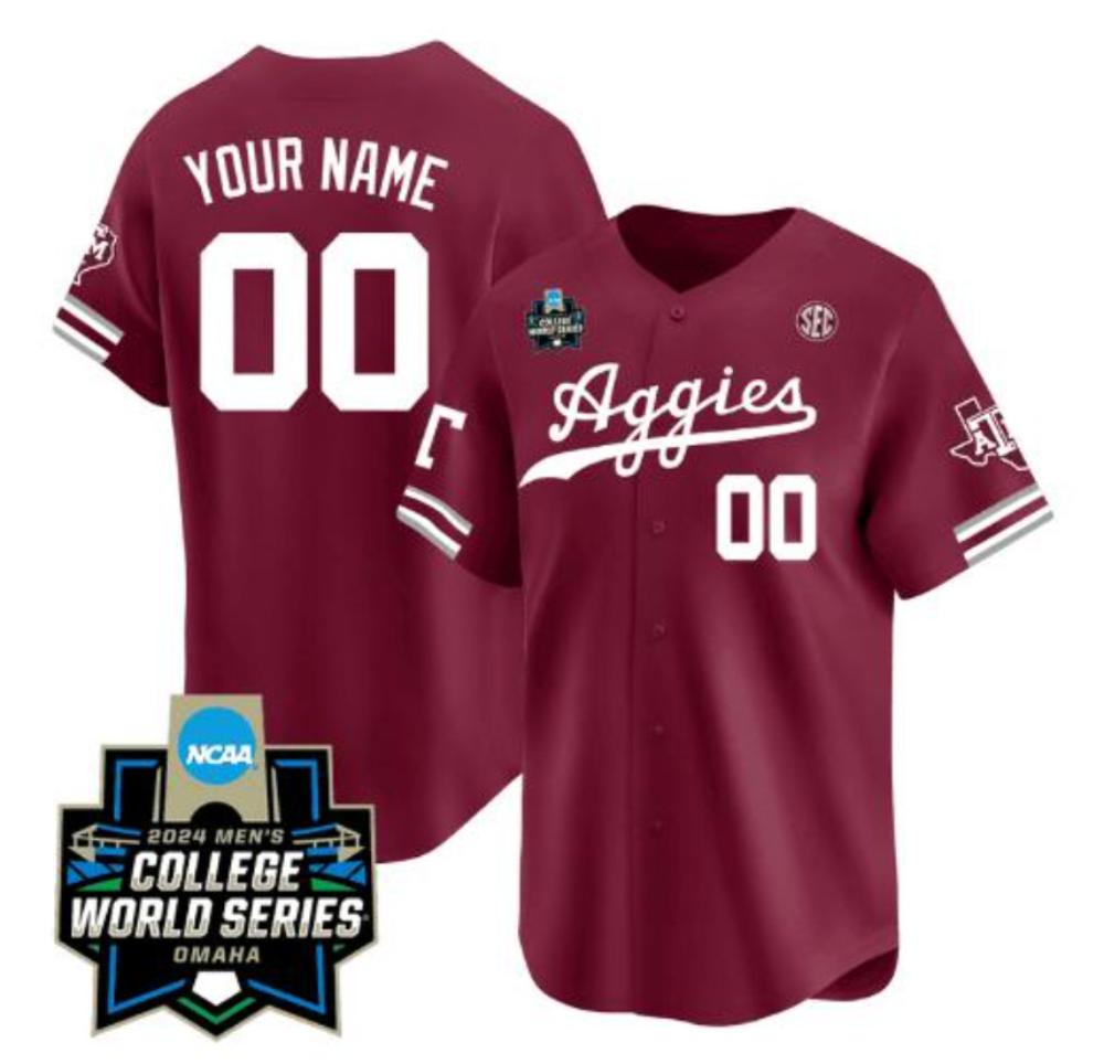 Custom Texas Am Aggies Jersey 2024 College World Series V2 Baseball Aggie Maroon