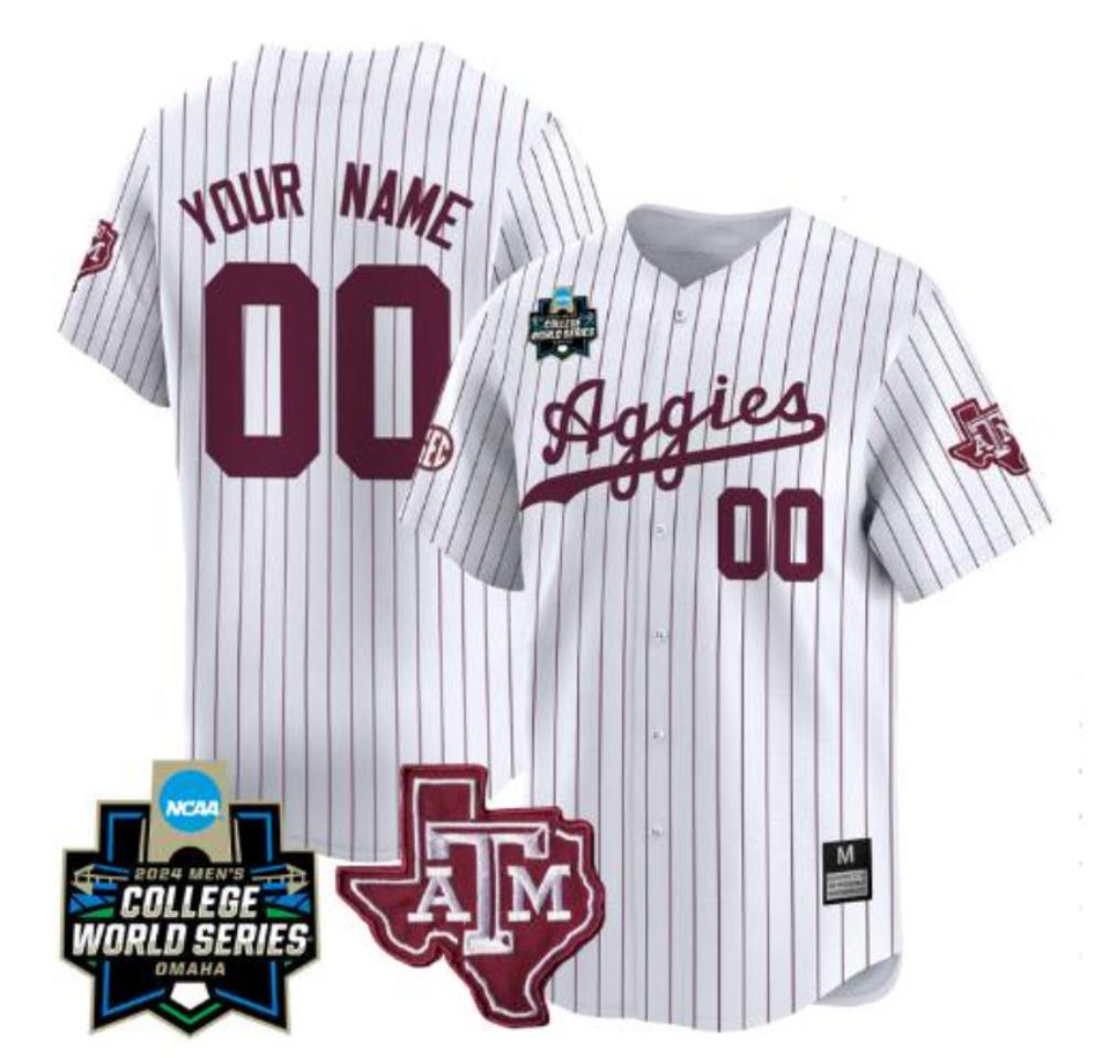 Custom Texas Am Aggies Jersey 2024 World Series Vapor Baseball White Pinstripe