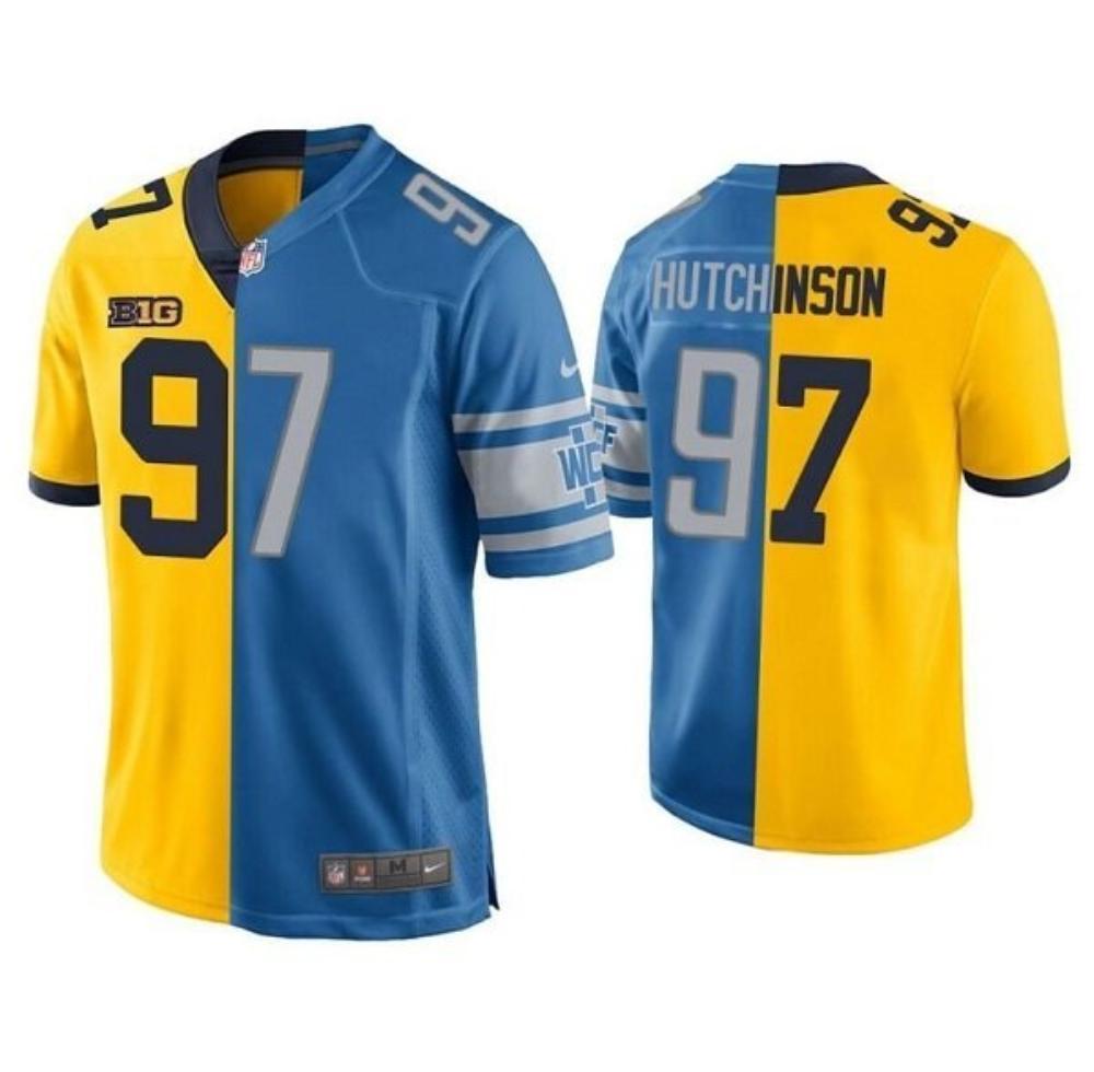 Detroit Lions 97 Aidan Hutchinson Jersey Yellow Blue Split Stitched Game
