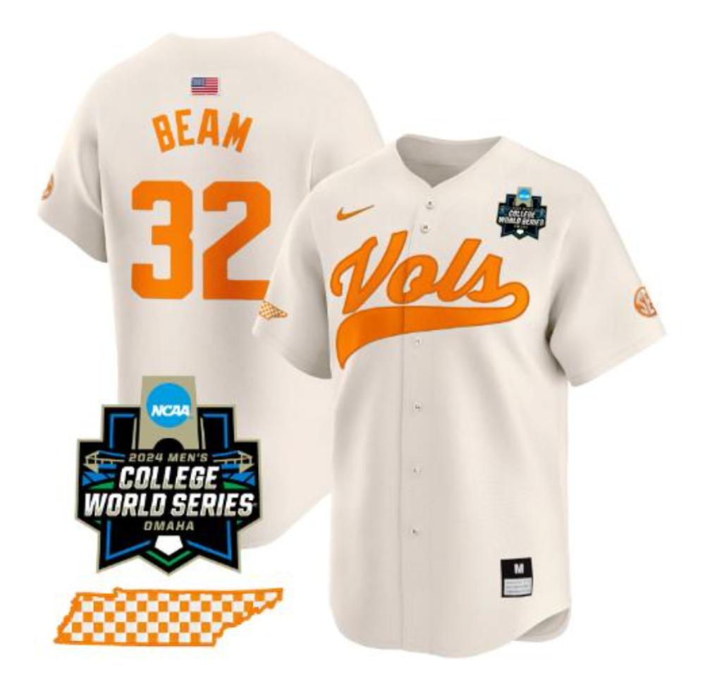 Drew Beam Jersey 32 Tennessee Volunteers 2024 World Series Ncaa Baseball Cream