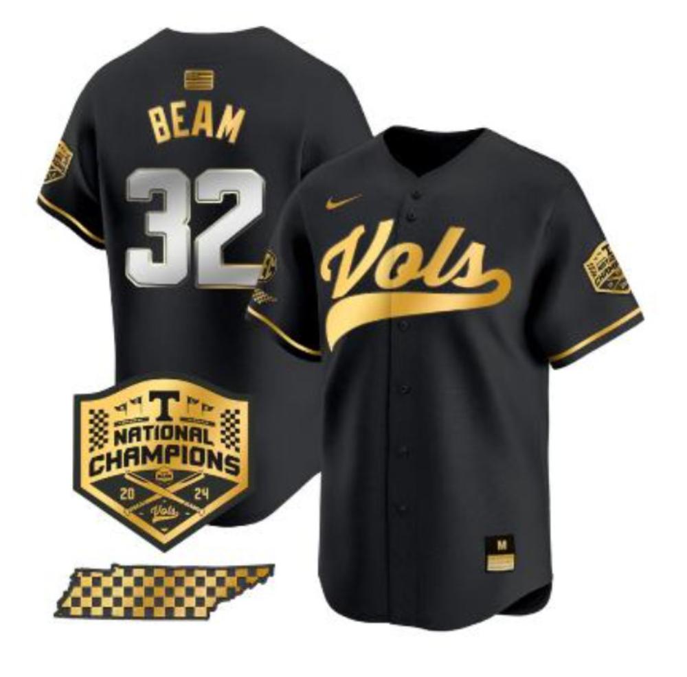 Drew Beam Jersey 32 Tennessee Volunteers Baseball 2024 Champions Black Gold