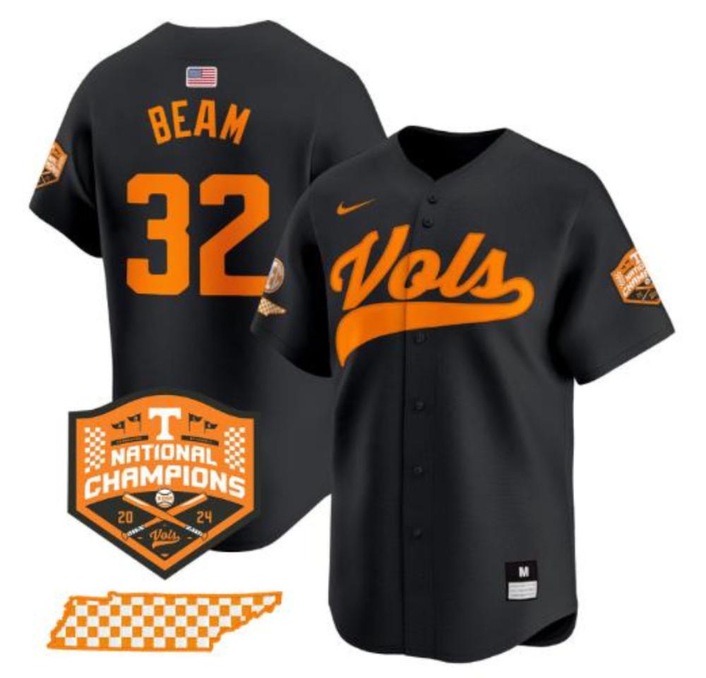 Drew Beam Jersey 32 Tennessee Volunteers Baseball 2024 Champions Black