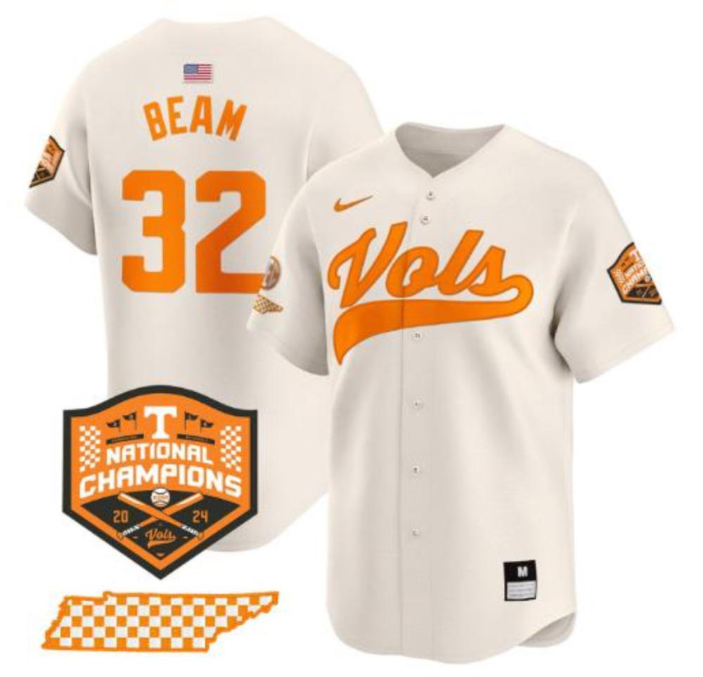 Drew Beam Jersey 32 Tennessee Volunteers Baseball 2024 Champions Cream