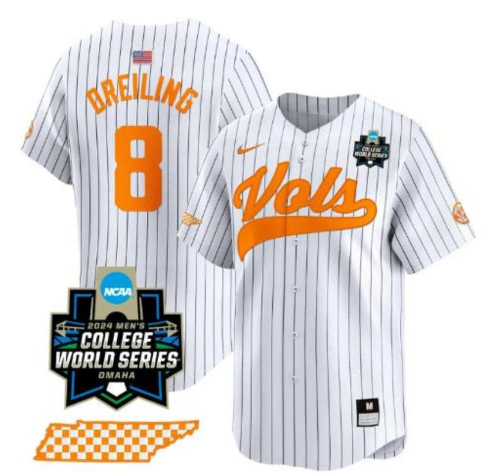 Dylan Dreiling Jersey 8 Tennessee Vols 2024 World Series Baseball Pinstripe