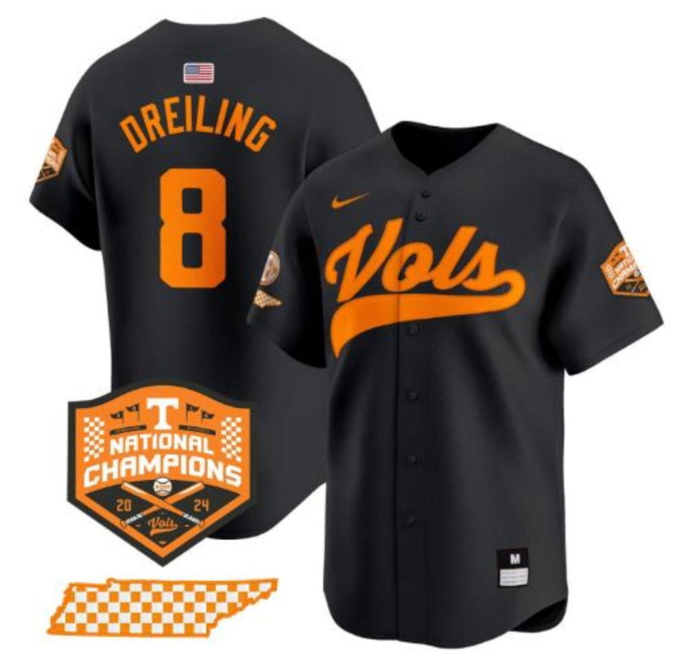 Dylan Dreiling Jersey 8 Tennessee Volunteers Baseball 2024 Champions Black