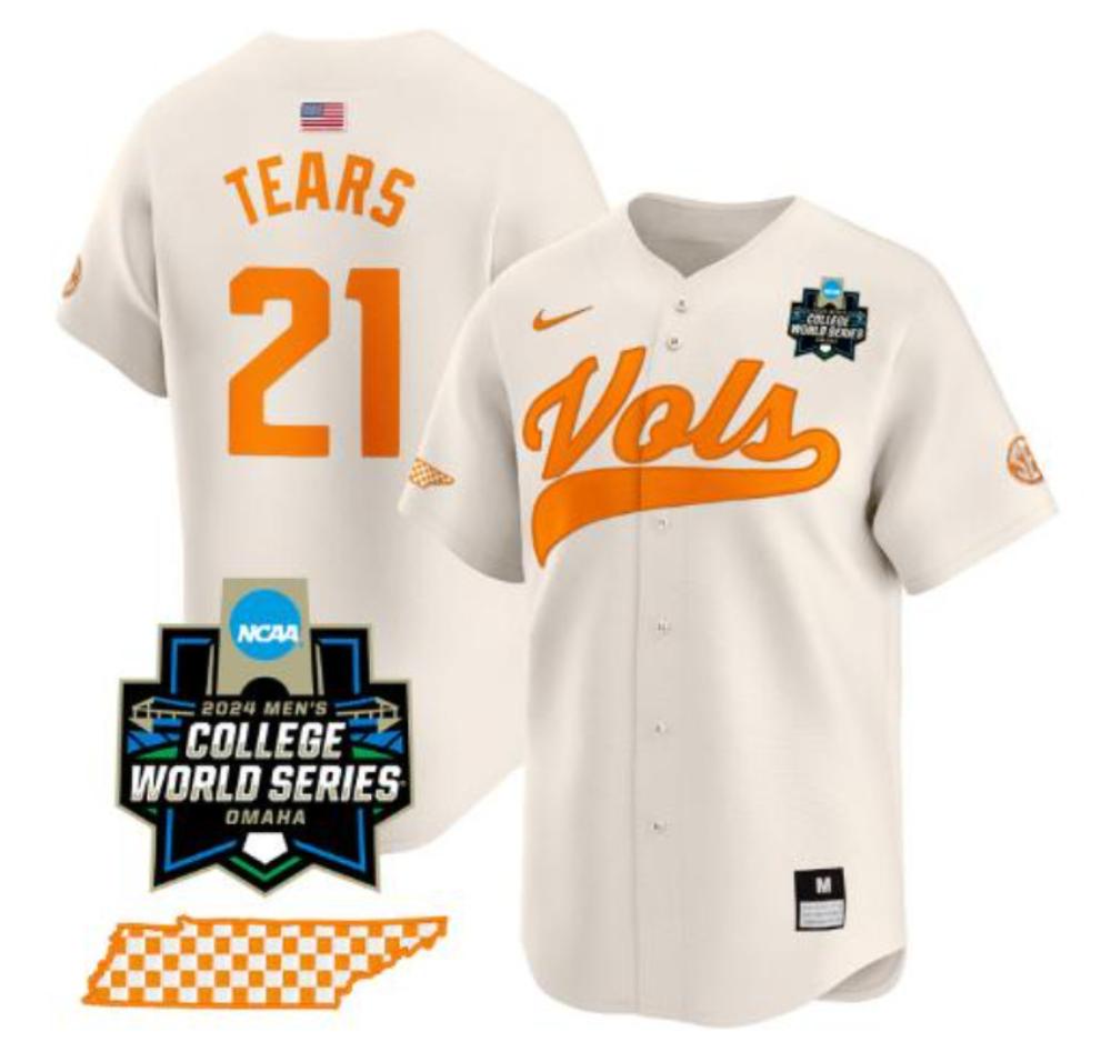 Kavares Tears Jersey 21 Tennessee Vols 2024 World Series Ncaa Baseball Cream