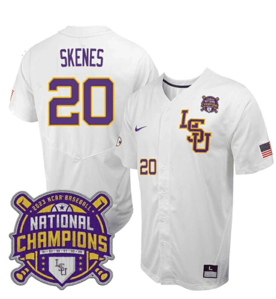 Lsu Tigers Skenes Jersey 20 National Champions Ncaa Baseball Stitched White