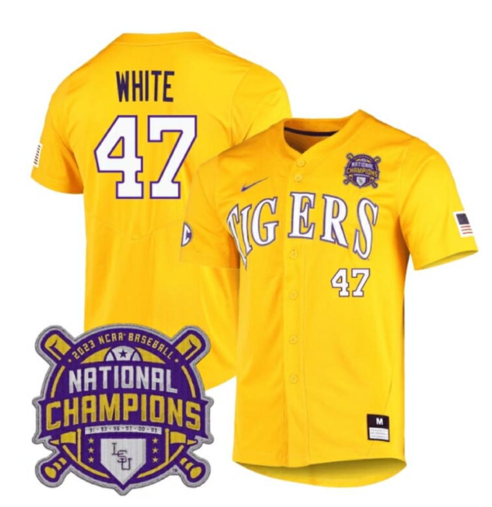 Lsu Tigers Tommy White Jersey 47 National Champions Ncaa Baseball Stitched Gold
