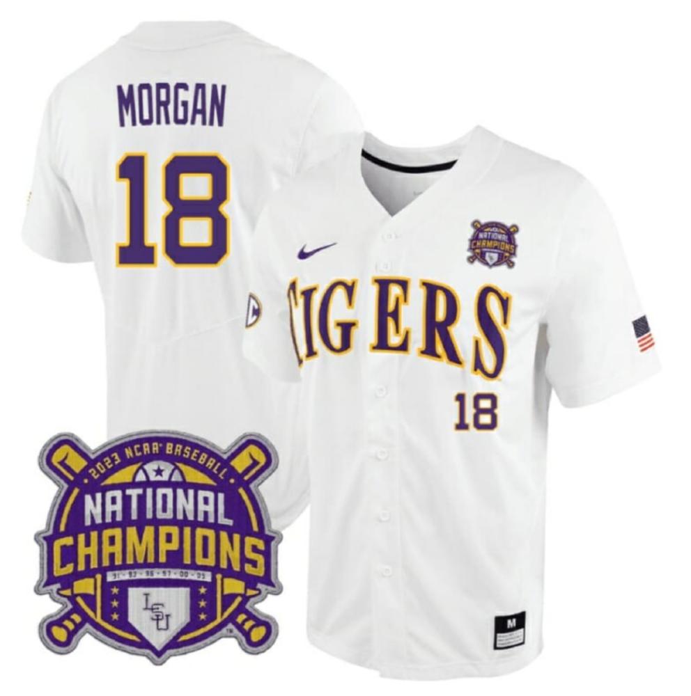 Lsu Tigers Tre Morgan Jersey 18 National Champions Ncaa Baseball Stitched White