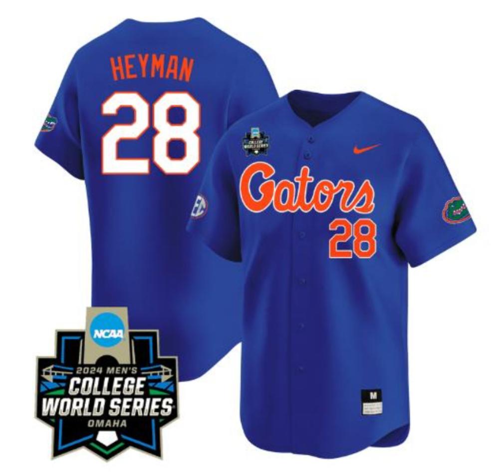 Luke Heyman Jersey 28 Florida Gators 2024 World Series Baseball Gators Blue