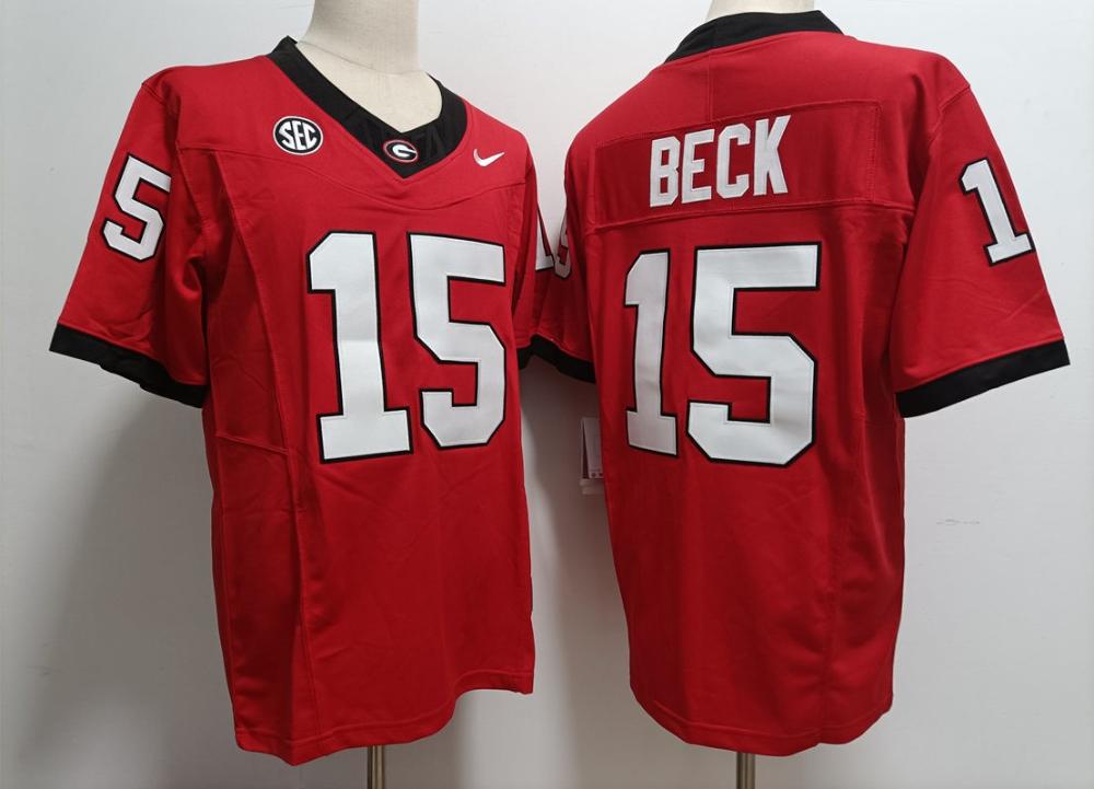 Men Bulldogs 15 Carson Beck Red 2023 Fuse Vapor Jersey