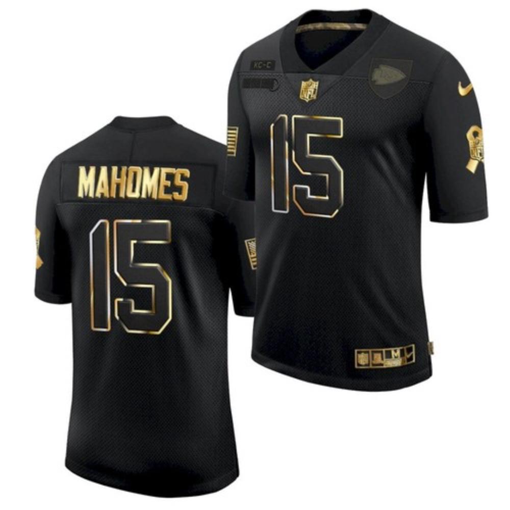 Men Chiefs 15 Patrick Mahomes Jersey Black Golden 2021 Salute To Service