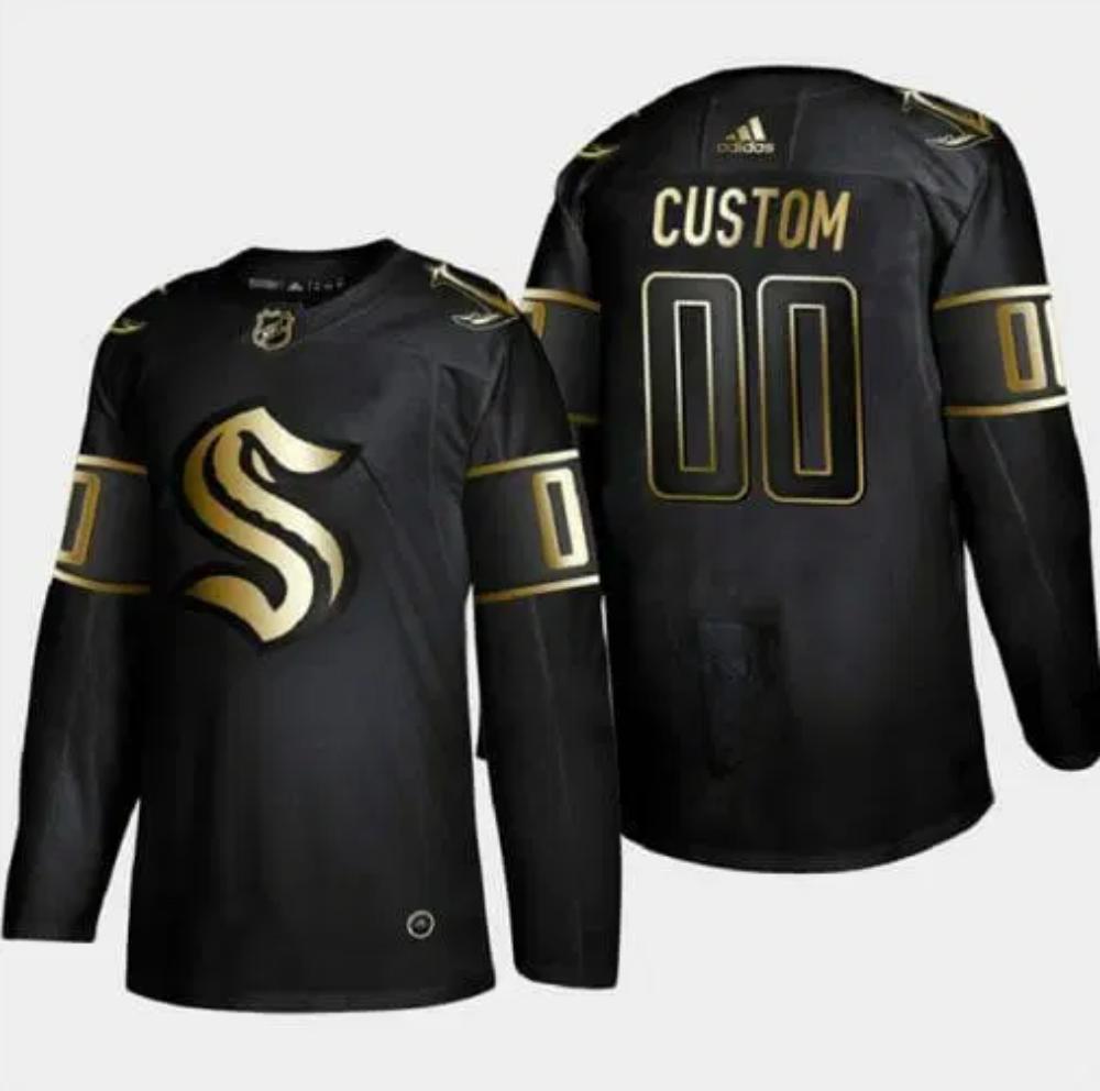 Men Custom Seattle Kraken Jersey Name And Number Black Golden Edition Limited