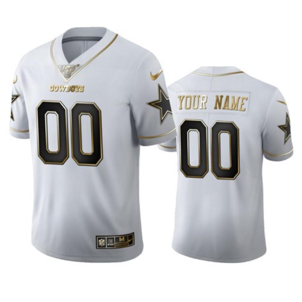 Men Dallas Cowboys Custom Jersey White Golden 2020 100th Season Football