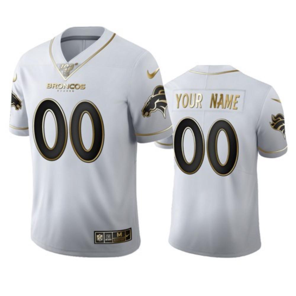 Men Denver Broncos Custom Jersey White Golden 2020 100th Season Football