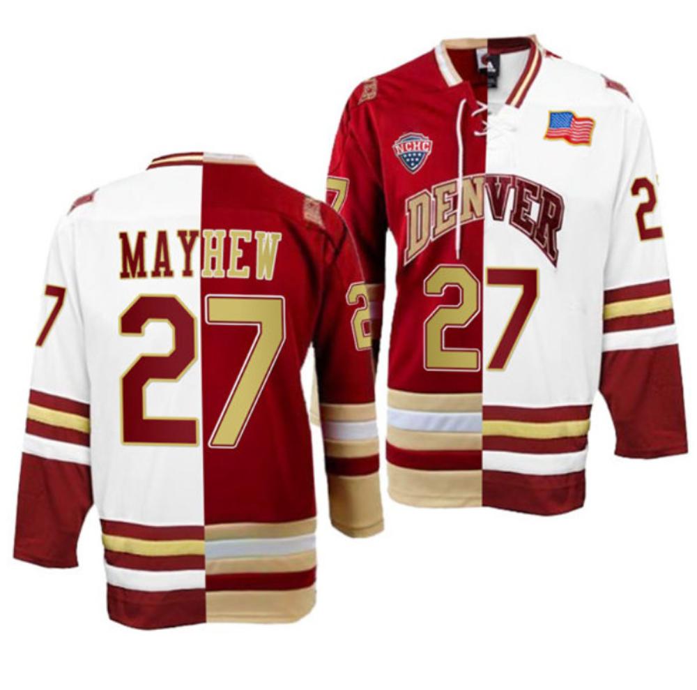Men Denver Pioneers 27 Kyle Mayhew College Hockey Crimson White Split Jersey