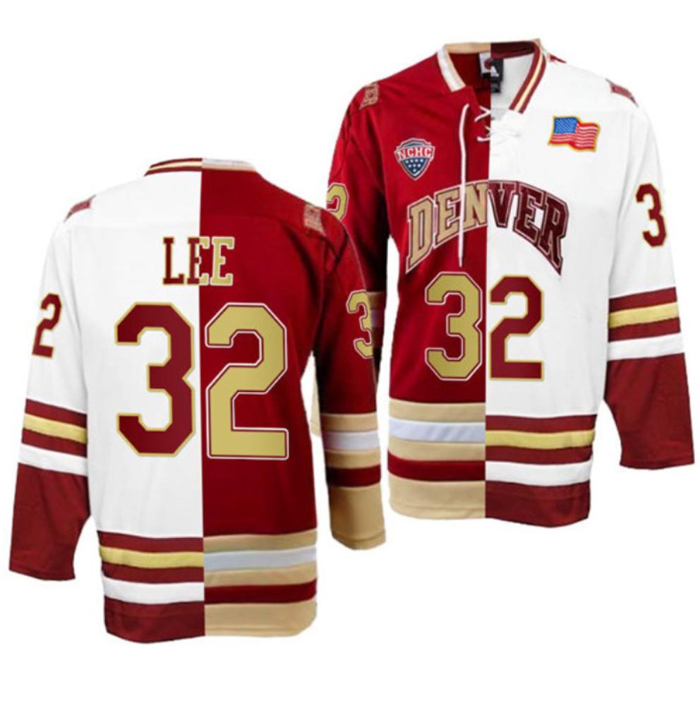 Men Denver Pioneers 32 Justin Lee College Hockey Crimson White Split Jersey