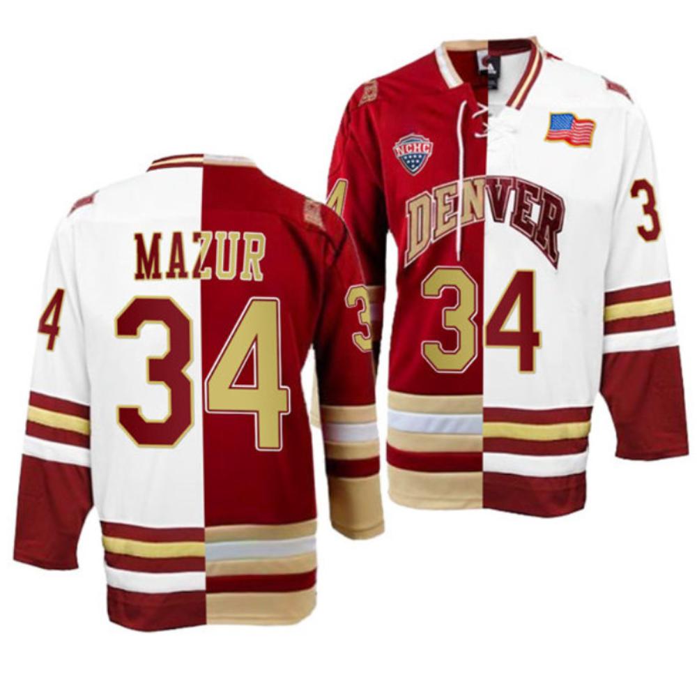 Men Denver Pioneers 34 Carter Mazur College Hockey Crimson White Split Jersey
