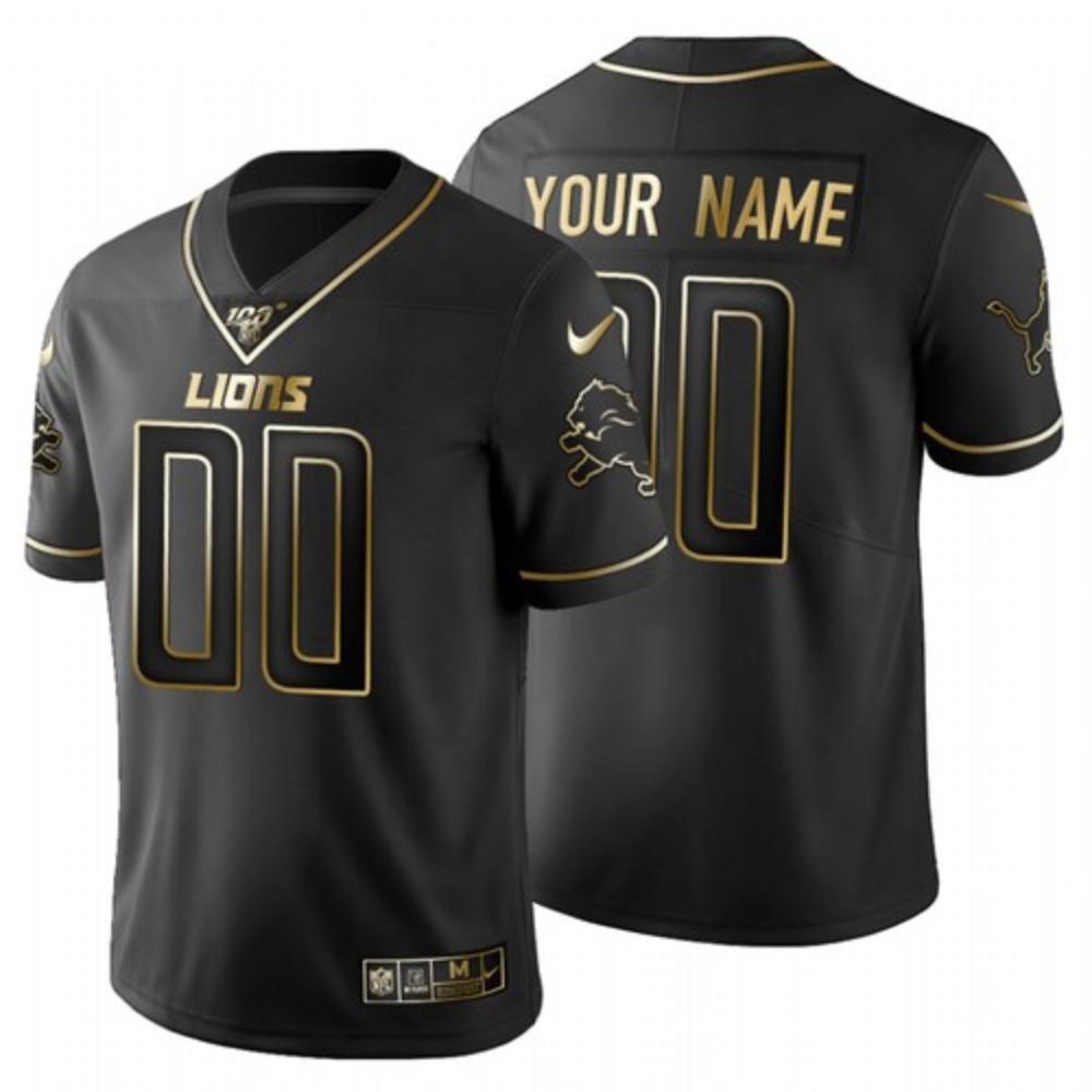 Men Detroit Lions Custom Jersey Black Golden 2020 100th Season Football