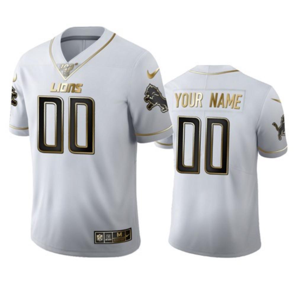 Men Detroit Lions Custom Jersey White Golden 2020 100th Season Football