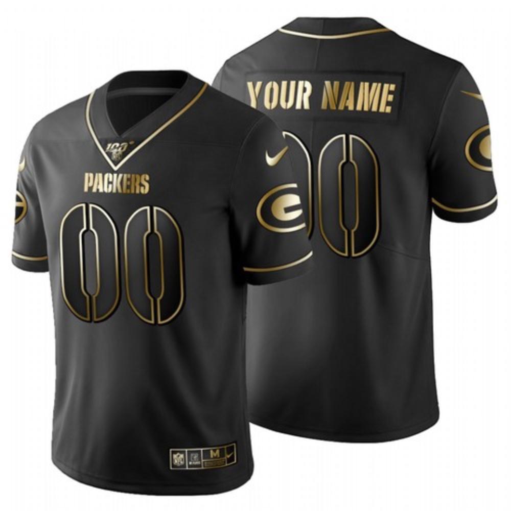 Men Green Bay Packers Custom Jersey Black Golden 2020 100th Season Sewn