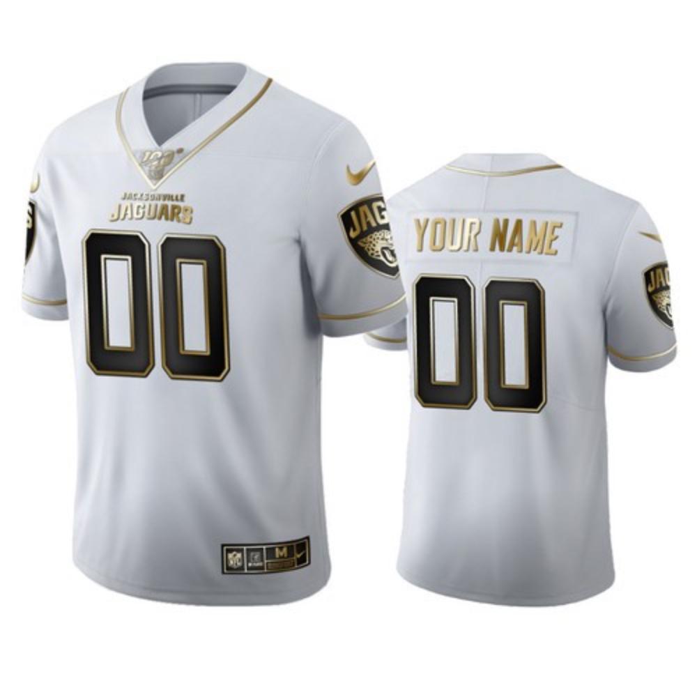 Men Jacksonville Jaguars Custom Jersey White Golden 2020 100th Season Sewn