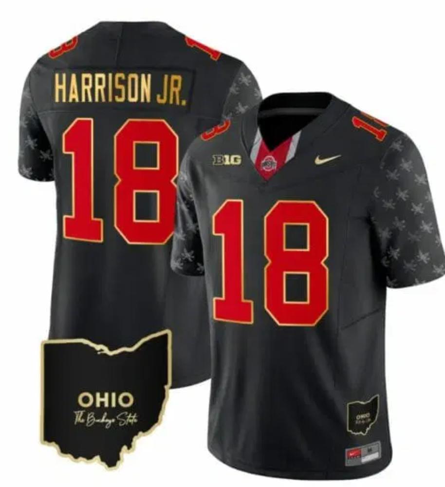 Men Ohio State Buckeyes Marvin Harrison Jr Jersey 18 College Black Gold Trim