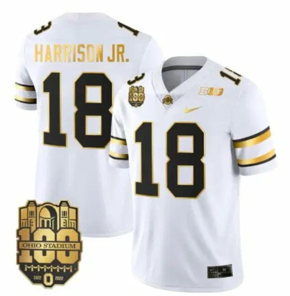 Men Ohio State Buckeyes Marvin Harrison Jr Jersey 18 College White Gold