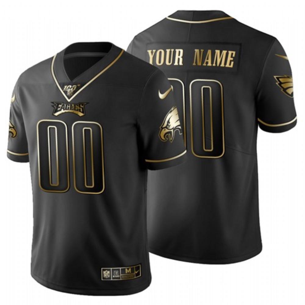 Men Philadelphia Eagles Custom Jersey Black Golden 2020 100th Season Sewn