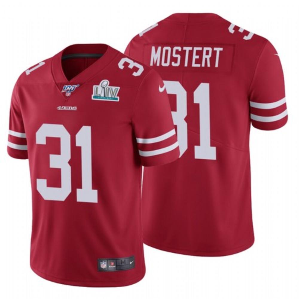 Men San Francisco 49ers 31 Raheem Mostert Jersey Red 2020 100th Season