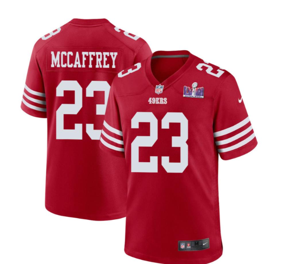 Mens 49ers 23 Christian Mccaffrey Red 2024 Super Bowl Lviii Vapor Jersey