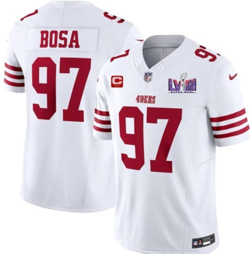 Mens 49ers 97 Nick Bosa White Super Bowl Lviii Patch And C Patch Jersey
